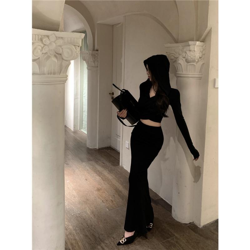 Fashion Elegant Long Sleeve Hoodie Top and High-waisted Fishtail Hip Skirt Suit for Women Spring Autumn Casual Slim Fit Simple Clothes Outfits 2845