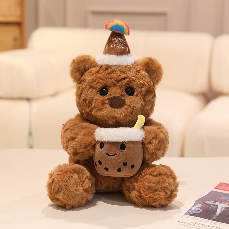 Cute Birthday Hat Bear Plush Toy Stuffed Animals Hug Milk Tea Teddy Bear Soft Doll Cute Birthday Christmas Gifts For Boy Girl