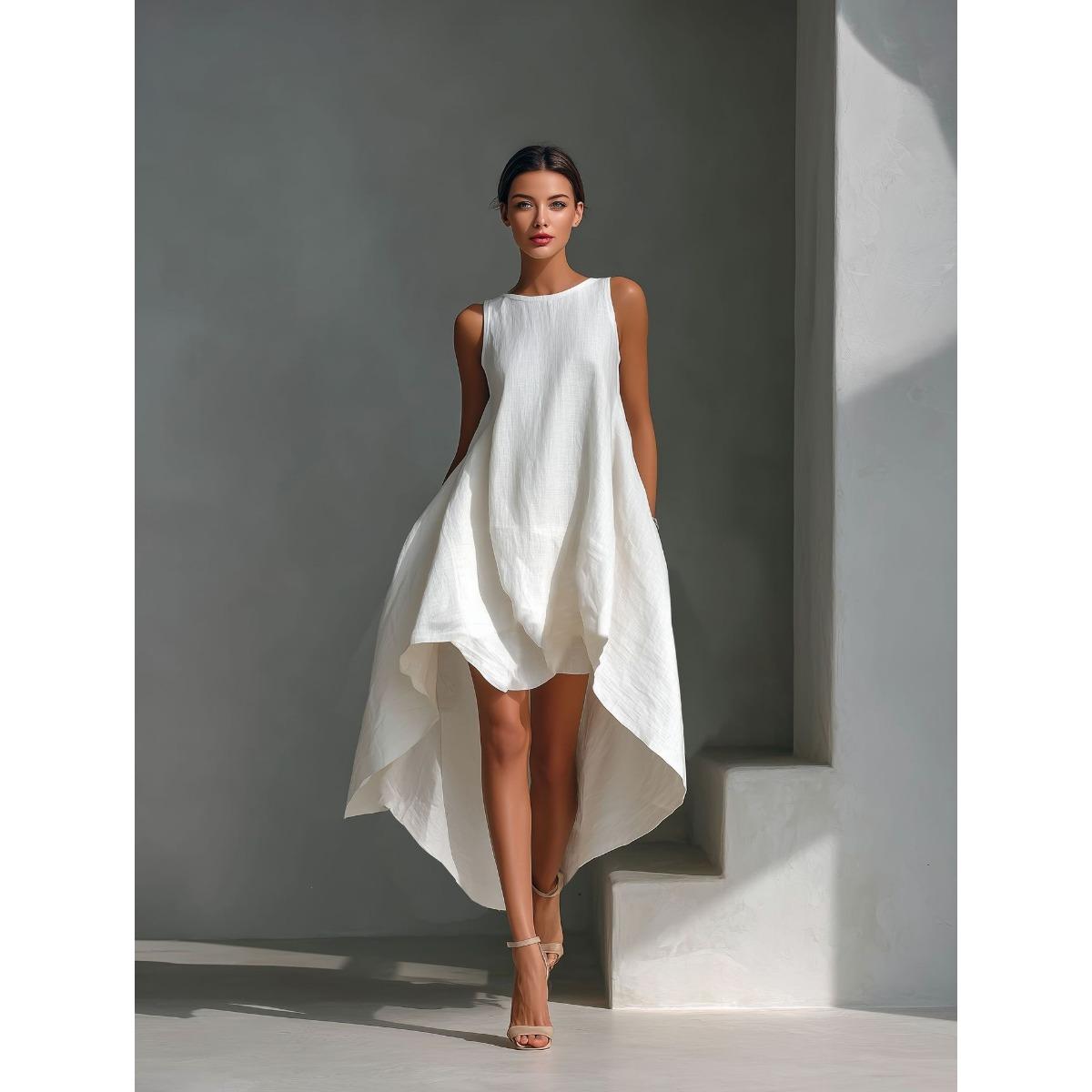 

European American Spring Summer Women s Sleeveless Cotton Linen Irregular High Low Hem Loose Vacation Dress S белый