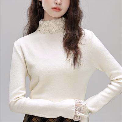 Spring and Autumn New Semi-turtleneck Lace Splicing Long Sleeve Knitted Sweater Women's Slim Skinny Sweater Bottom Shirt Top