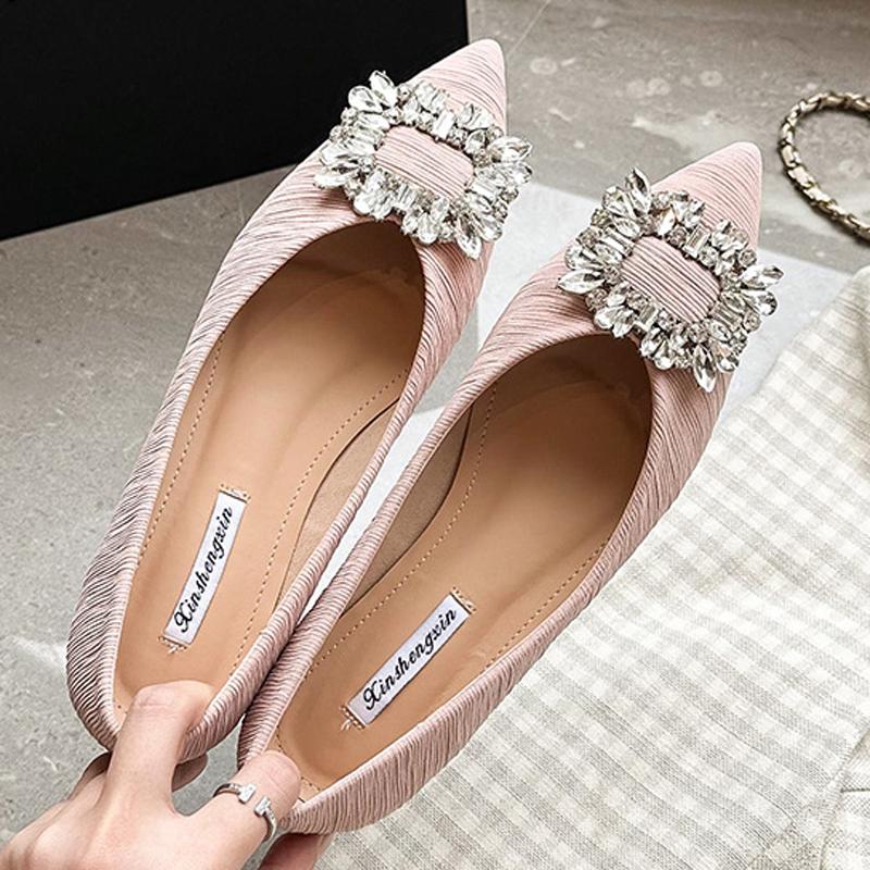 Fashion Luxury Striped Fabric Flats Women Sparkle Stone Shoes Ladies Ballets Pointed Toe Office Dress Loafers Woman Brides Wedding Shoes