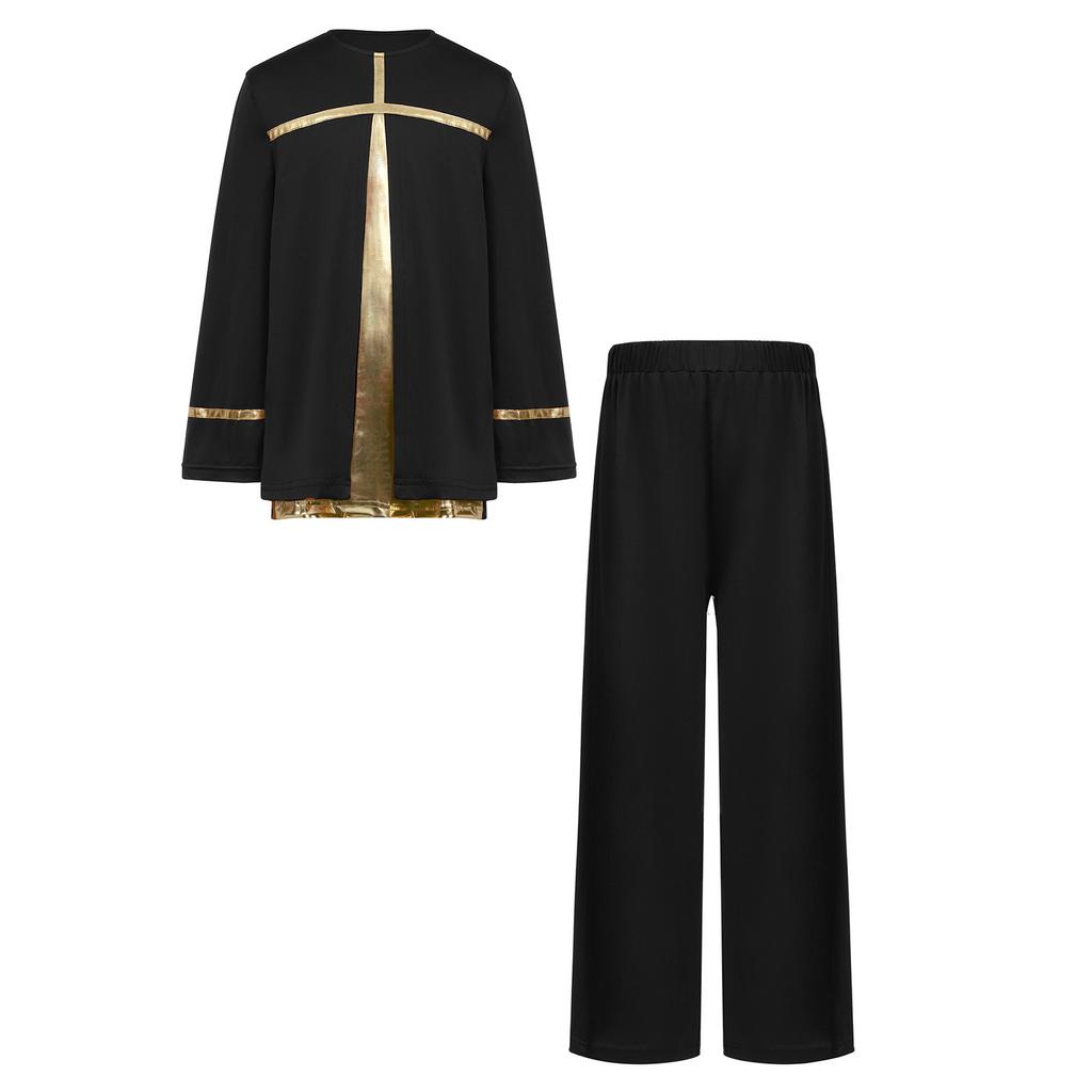 Kids Boys Church Performance Set: Long Sleeve Metallic Patchwork Top & Wide-Leg Pants with Elastic Waistband for Praise Dance