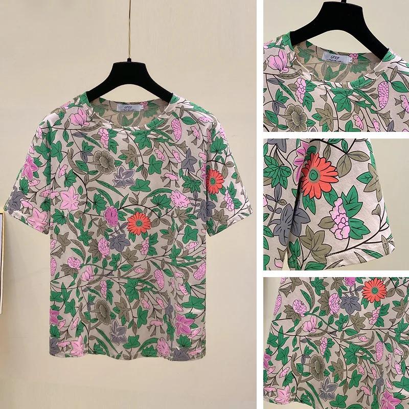 Plus Size Women's T-Shirt Short Sleeve Printed Loose Slimming Summer Korean Style Cotton Crew Neck Top for Outer Wear