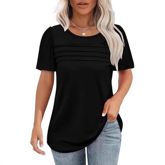 Women Summer T-shirt Round Neck Short Sleeve Tee Shirt Solid Color Lines Texture Loose Fit Pullover Tops Daily Wear