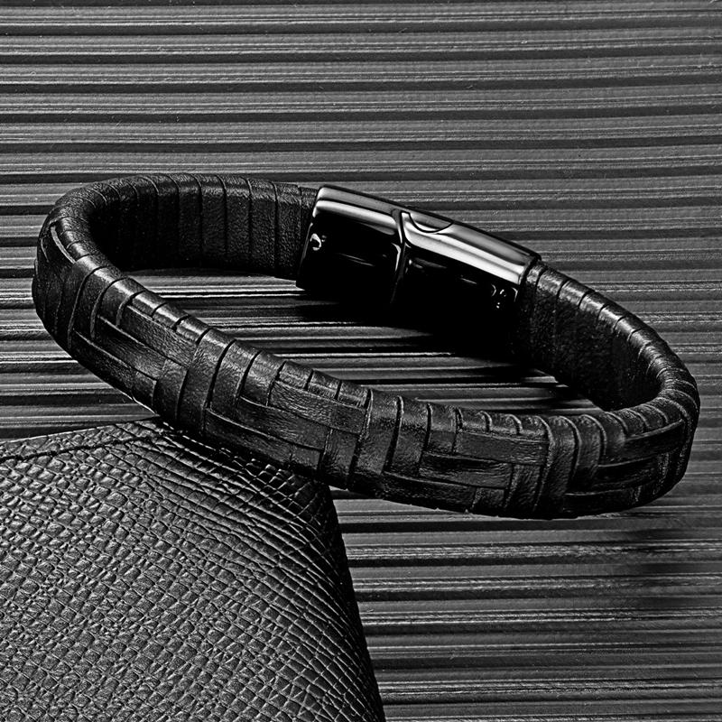 Minimalist Hand Woven Multi- Leather Bracelet Men Black Stainless Steel Magnet Buckle Jewelry Homme Pulseras