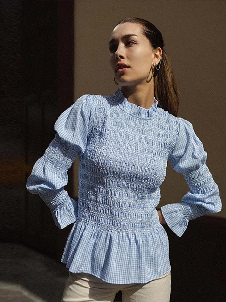 

Повсякденні модні пухові топи в клітку з довгими рукавами Жіночі елегантні футболки з круглим вирізом і гофрами в стилі ретро Жіноча весна Естетичний еластичний вуличний одяг L синій