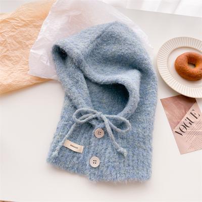 Drawstring Button Solid Color Versatile Balaclava Wool Knitted Hat Winter Warm and Protective Ear Hat