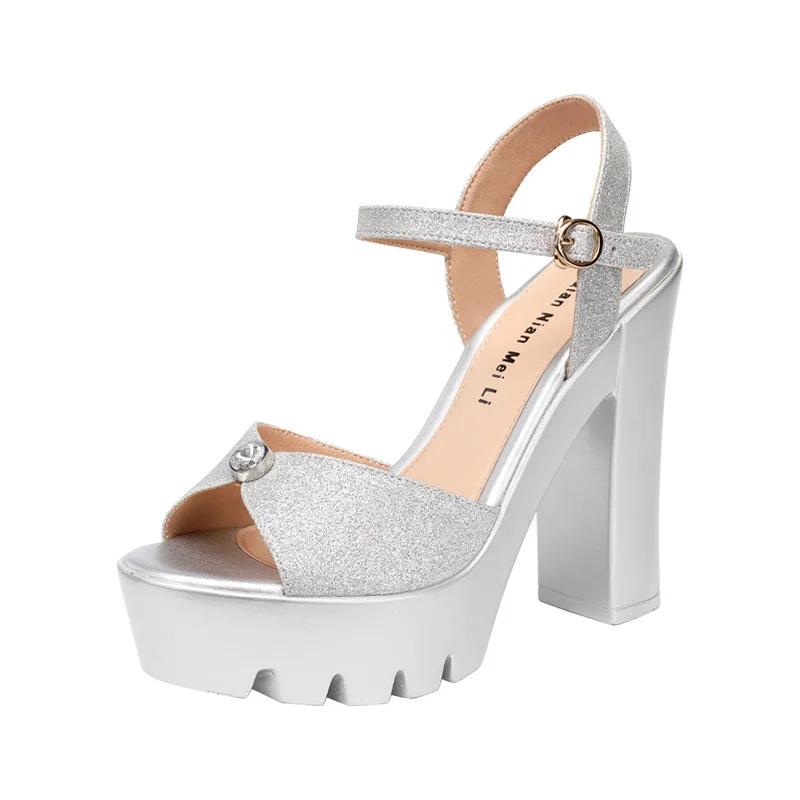 13cm Small Size 32-43 Block High Heels Sandals Summer Wedding Shoes 2025 Thick Platform Sandals Women Soft Leather Sandal Silver
