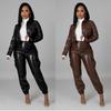 Autumn/Winter Slim-Fit PU Leather Brushed Long Pants with Multi-Pocket Detailing