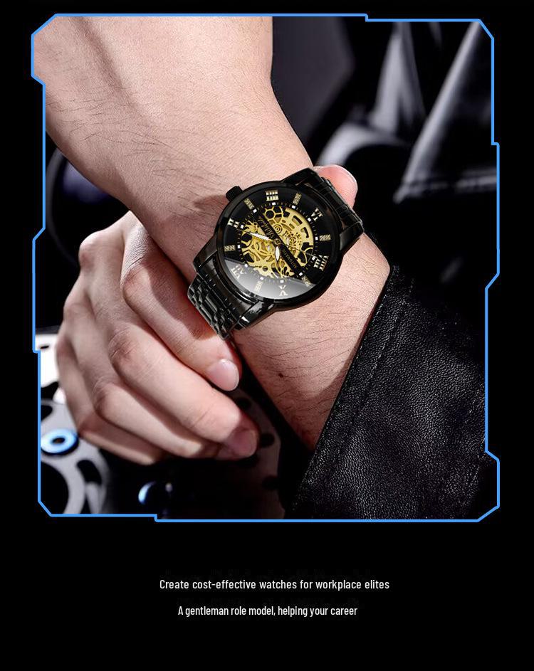 Aili Feida Men's Quartz Hollow Watch with Visible Back and Butterfly Buckle