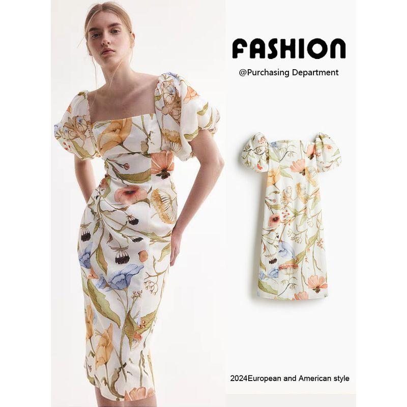 Za2025 Summer New Product Women's Clothes French Square Collar Puff Sleeve Print Silm off-the-Shoulder Dress 1272220