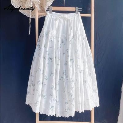 Japonais Mori Girl été automne femmes jupe blanche taille élastique imprimé fleuri Patchwork broderie jupe douce féminine a-ligne jupe