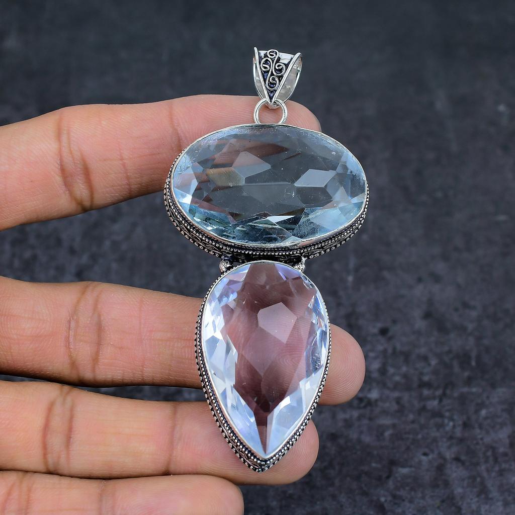 Natural White Topaz Gemstone 925 Sterling Silver Jewelry Pendant 3.55" N7W93