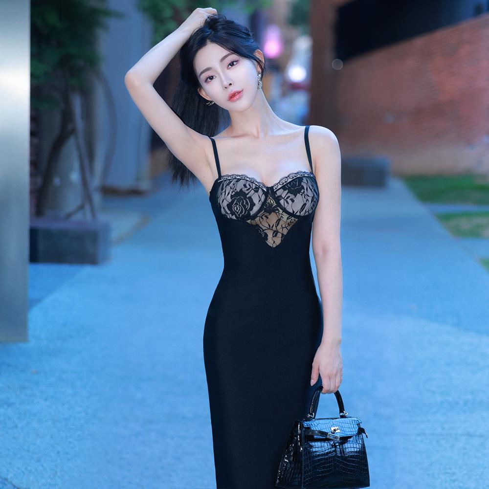 European-American Lace Backless Spaghetti Strap Dress - Sexy Bandage Patchwork Tight-Fit Skirt Medium чёрный