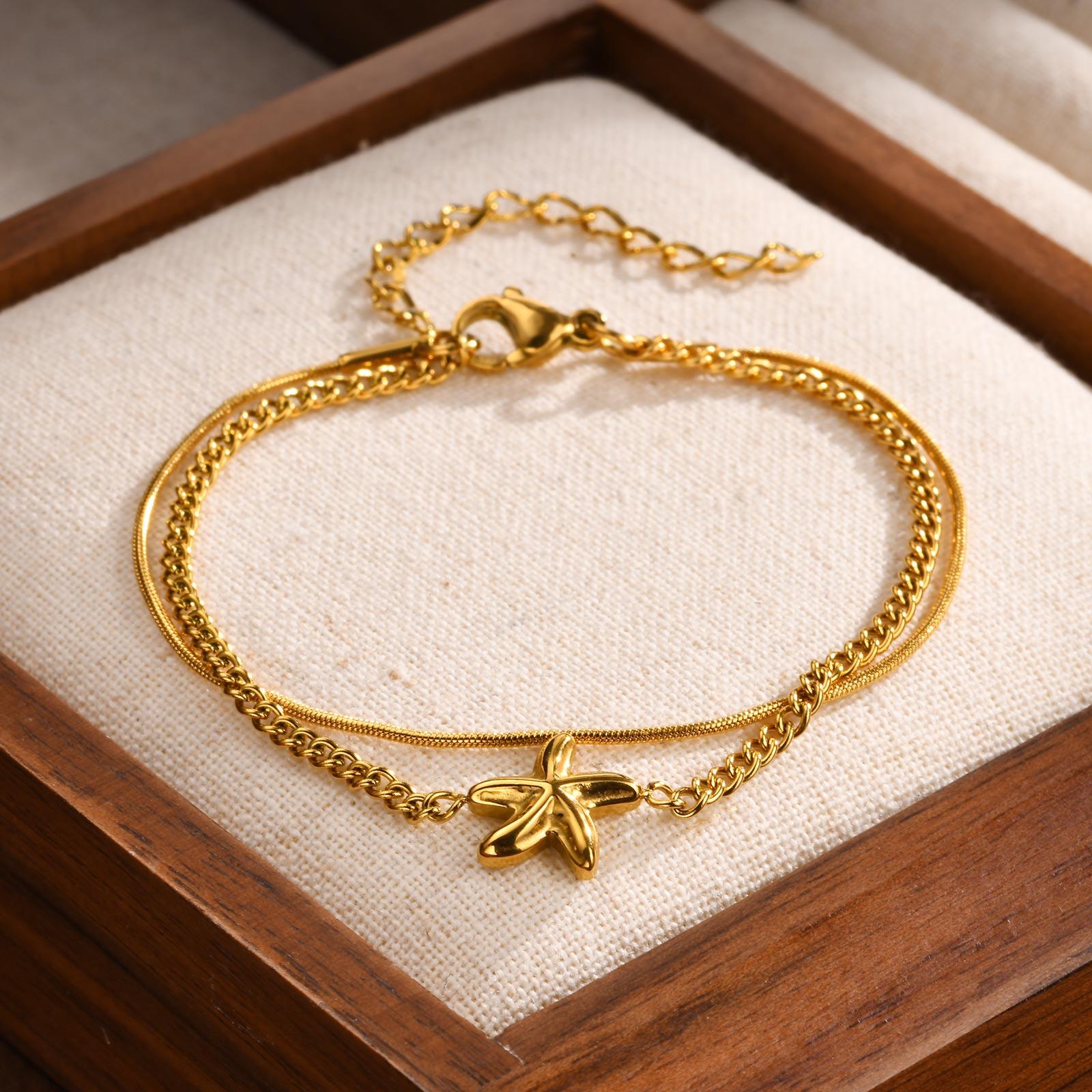 

Stainless Steel Bracelet Classic Starfish Double Layer Stacked Pendant Bracelets for Women Gold Color High-quality Jewelry 16-21cm Adjustable