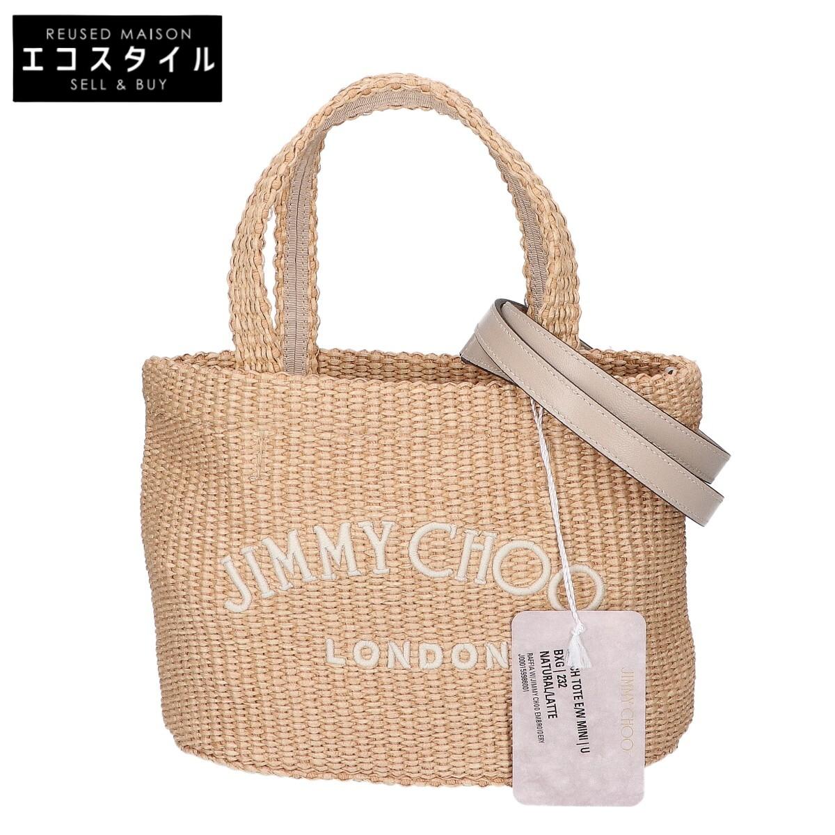 

JIMMY CHOO [Excellent Condition] J000159986001 BEACH TOTE E/W MINI Raffia with Embroidered Logo and 2-Way Shoulder Bag Handbag Natural/LatteUsed