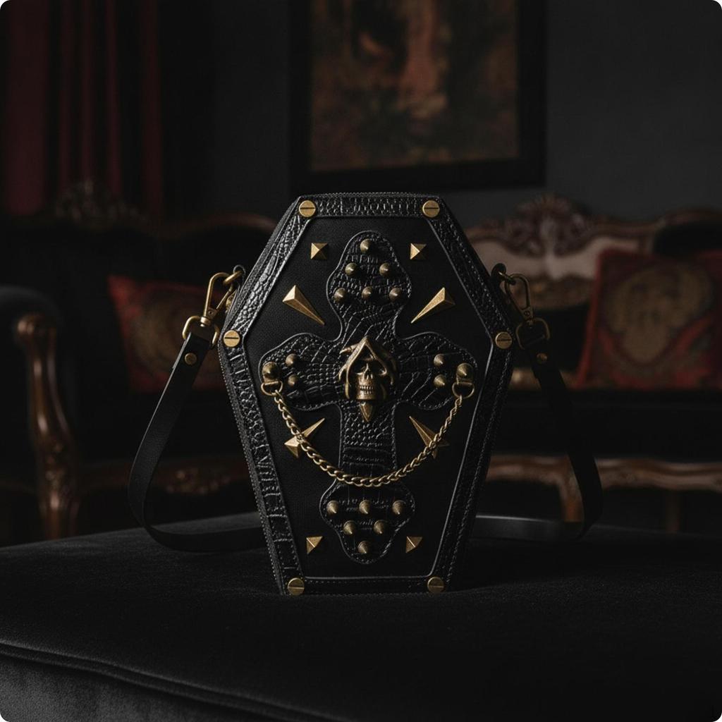 Casket Bag Skull-Themed Goth Handbag Structured for Halloween