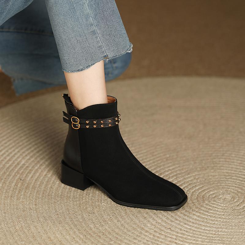 Autumn and Winter Retro Brown Fashion Women's Short Boots New Style Belt Buckle Back Zipper Thick Mid Heel Women's Leather Boots
