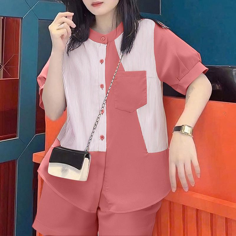 

ZANZEA Женская блузка с коротким рукавом в полоску и шорты Летние комплекты из двух предметов 5XL розовый