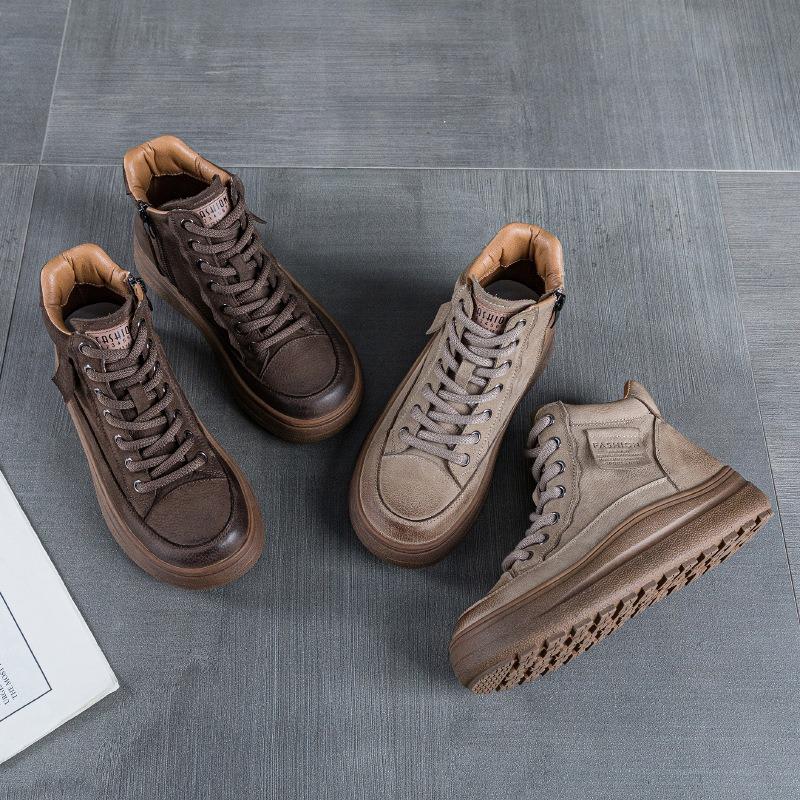 Retro high-top board shoes for women's autumn and winter new leather thick-soled non-slip and wear-resistant British Martin boots for women