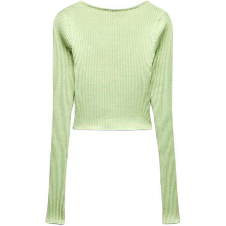 Zara Solid Color Vertical Stripe V-Neck Long Sleeve Knit Cardigan Women Cardigans Green 0085831-506