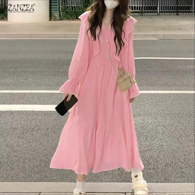 ZANZEA Women Casual V-Neck Solid Color Loose Long Sleeve Dress