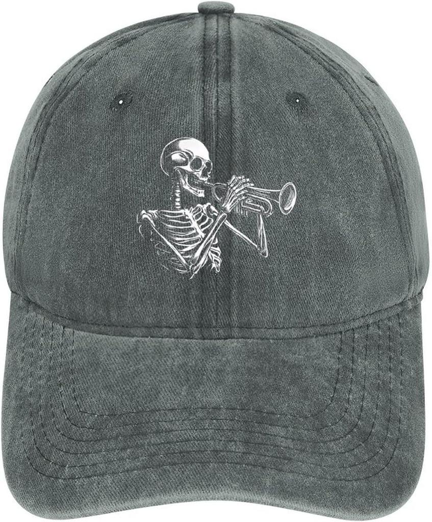 Skeleton Playing Trumpet Baseball Cap Vintage Washed Cotton Adjustable Dad Hat Outdoor
