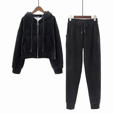 Women's Autumn and Winter Simple Velvet Warm Sports Suit Hooded Jacket+ Sports Pants Casual Two-piece Set