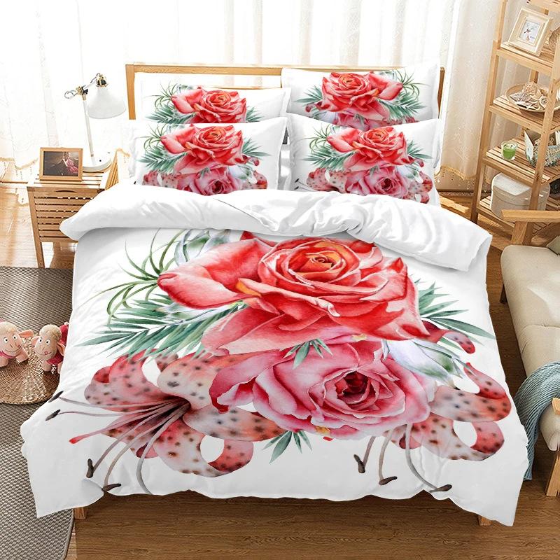 Rose Pattern Bedding Set, Duvet Set, Digital Printing Queen Bed Three-piece Set