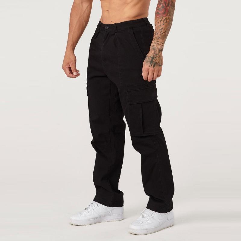 Mens Loose Fit Slim Ankle Cargo Pants With Multiple Pockets Solid Color Casual Trousers M чёрный