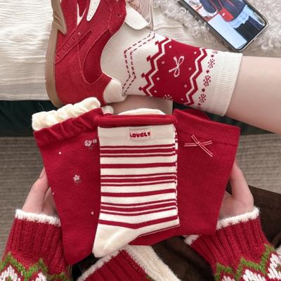 Bow Cotton Edge Big Red Stockings Year Of The Horse Striped New Year'S Socks Mid-Tube Socks