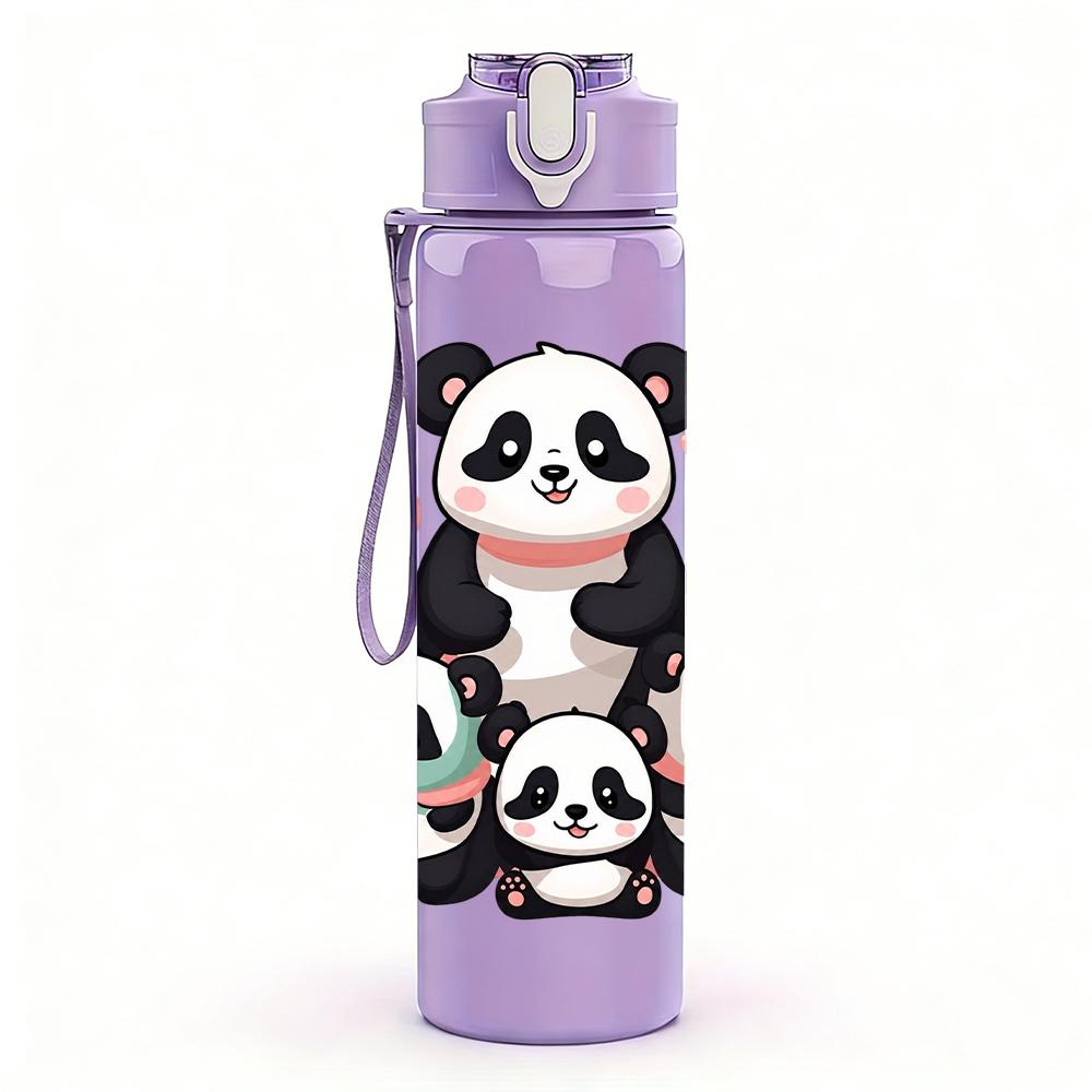 1 PZ Carina Grafica Famiglia Panda, Borraccia Sportiva in Plastica Colorata da 750ml, Tappo Ermetico con Cannuccia a Flip, Adatta per Sport, Ufficio, Uso Domestico