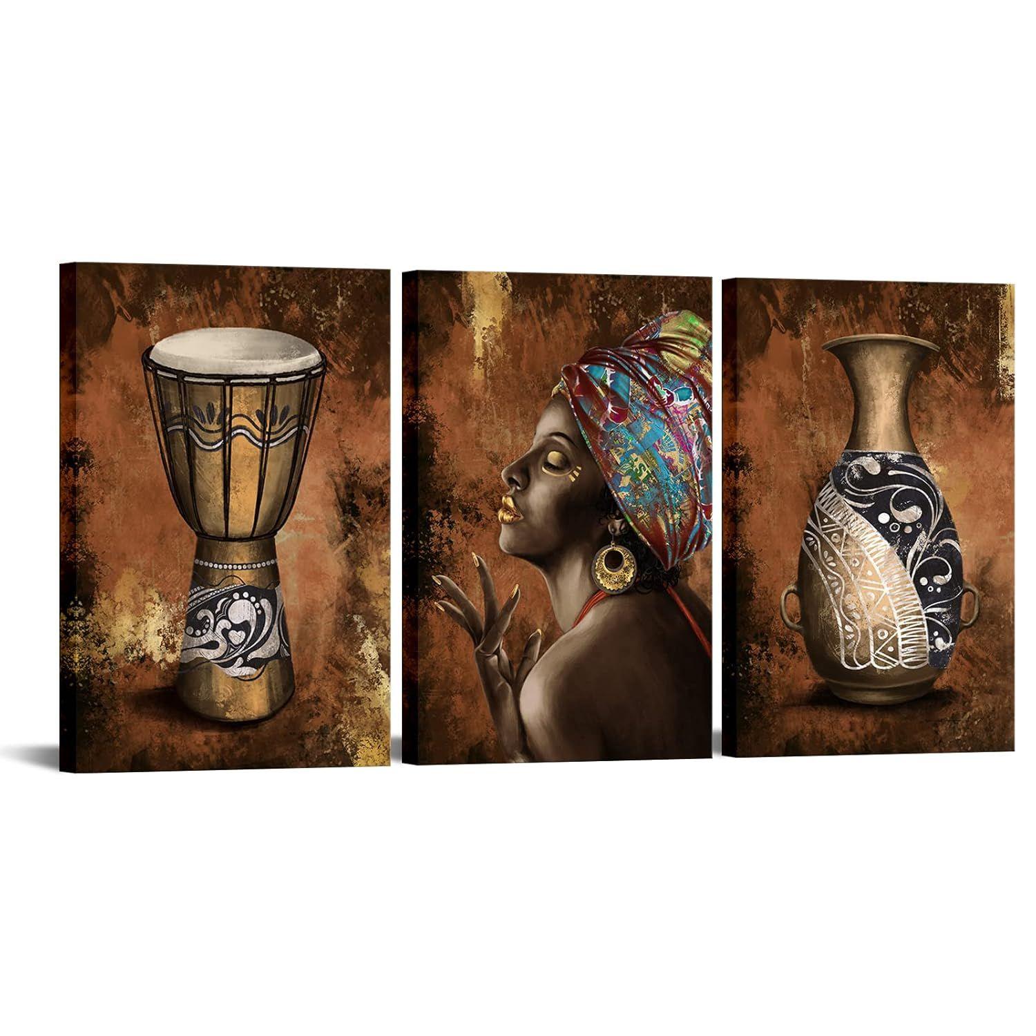 NutArtPic Ancient African Wall Art Canvas Tribal Vase Drum Painting Pictures Trditional Ethnic Africa Artwork Prints