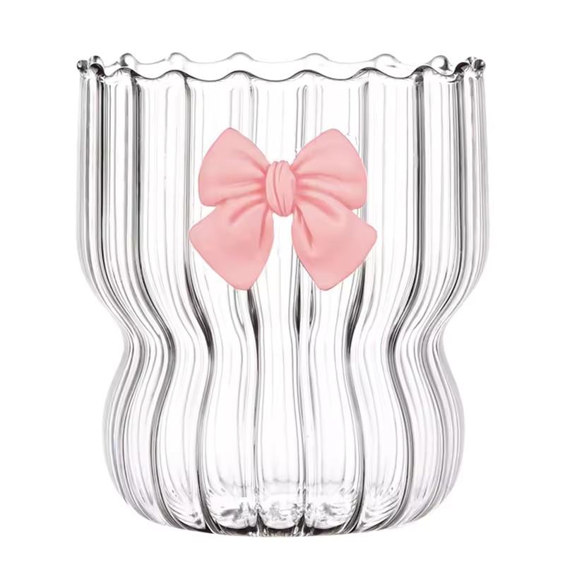 300ml Cute Bow Glass Cup Clear Striped Water Cups Bow-knot Coffee Drinking Mug Household Fruit Tea Juice Glassware Girls Gift