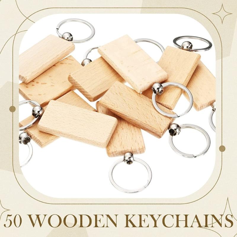 50 Stück Blanko Schlüsselanhänger aus Buchenholz Metallschlüsselanhänger Rechteckig/Rund/Oval- Holzgravur DIY Schlüsselanhänger Set Schlüsselanhänger Basteln