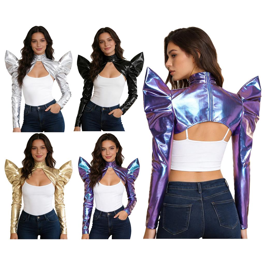 S-XL Donna Sciarpe Metalliche Iridescenti Spalla Manica Lunga Turtleneck Aperta Davanti Zip Posteriore Bolero Cardigan per Festa in Costume di Halloween