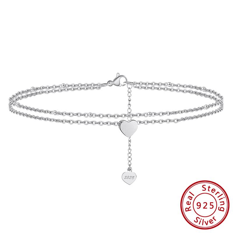 Effie Queen Fashion 925 Sterling Silver Heart Double Layer Anklet Jewelry Summer Heart Charm Beach Foot Chain Bracelet Gift SA17