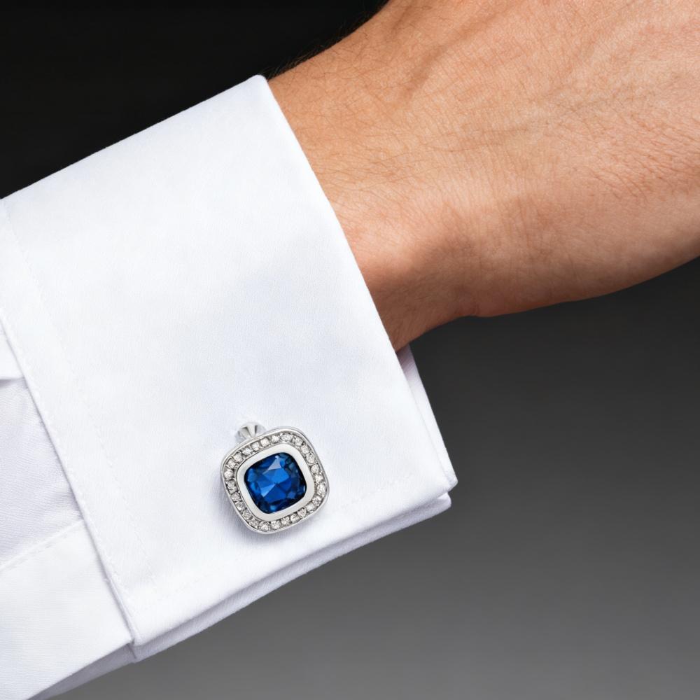 Herren Manschettenknopf-Set, Blaue Quadratische Zirkonia Manschettenknöpfe, Mit Geschenkboxen.