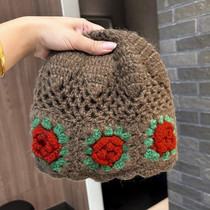 Versatile Handmade Crochet Hat Women's Spring and Autumn New Knitted Wool Hat Big Head Circumference Hollow Bag Head Hat