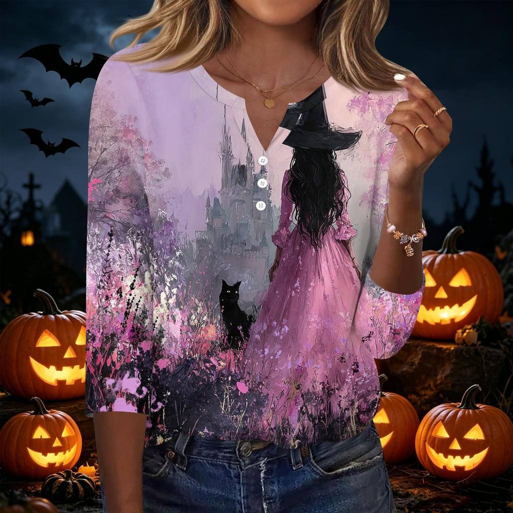 Damen Freizeit Top mit Halloween-Print, Henley-Kragen, Dreiviertelärm, festlichem Grafikdruck und lockerer Passform für die Herbstsaison