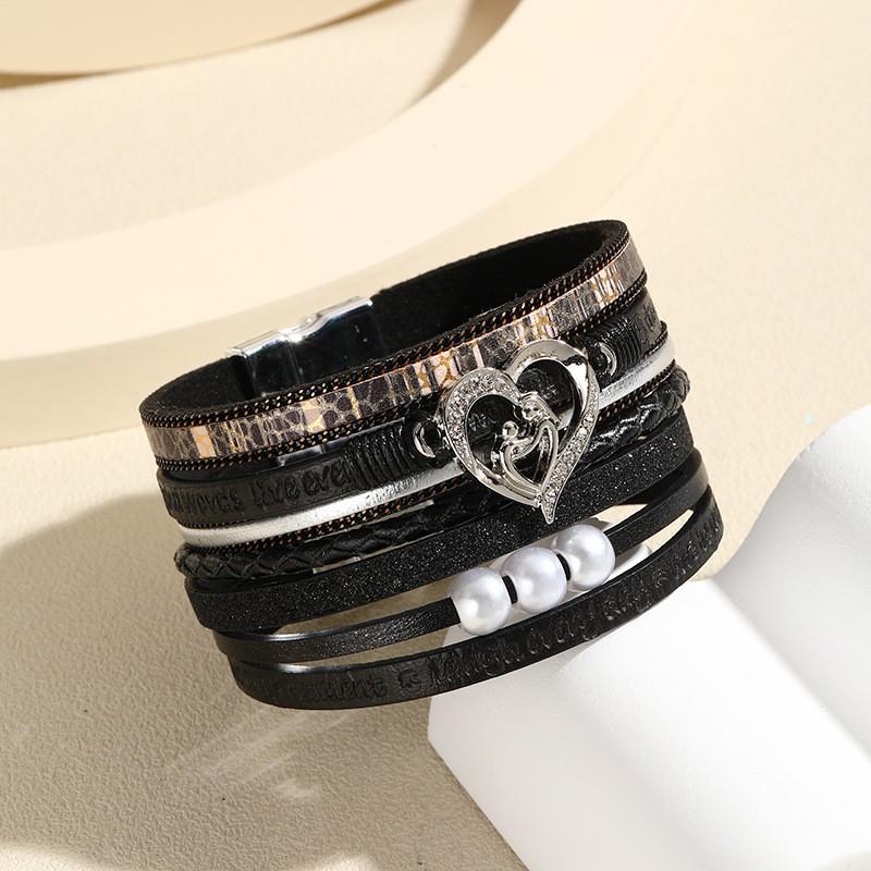 Boho Layered Leather Bracelet With Heart Charm Adjustable Opening Bangle Women Girls Fashion Accessory