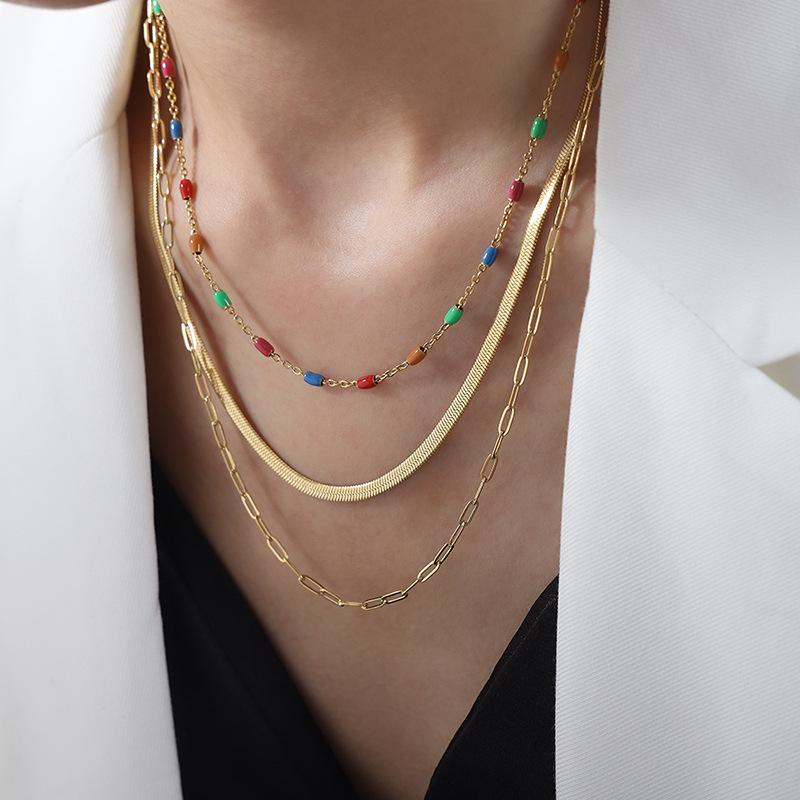 French Retro 18K Gold Multicolor Enamel Pendant Necklace - Titanium Steel, Three-Layer Blade Chain Jewelry