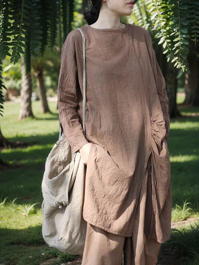 

Johnature женские винтажные футболки нестандартной формы весенние футболки однотонные тканевые футболки с круглым вырезом и длинными рукавами One Size кофейный