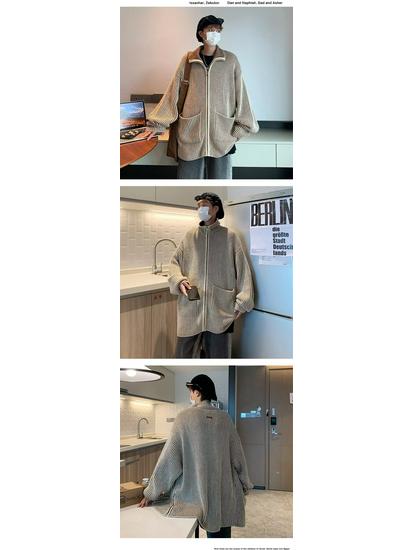 Pánský retro pletený kardiganový svetr s vysokým límcem na zip, barevný blok