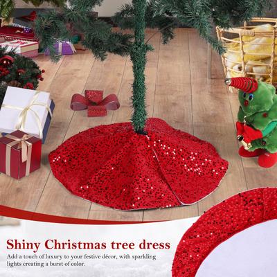 Christmas Tree Skirt W/ Small Sequin Red Tree Skirts Sparkling Sequin Tree Skirt for Christmas New Year Festival Family Party