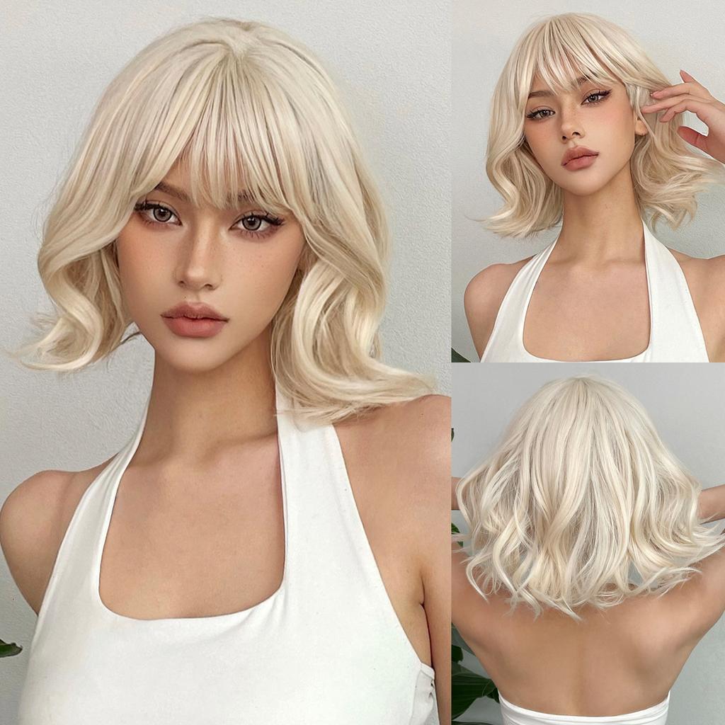 Platinum Short Wave Bob Hair Wig Light Blonde Synthetic Wigs with