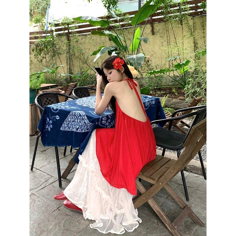 Kumikumi Gentle Sweet Girl Set Red Hanging Neck Cami Women Clothes Summer Mesh Skirt Two-piece Set