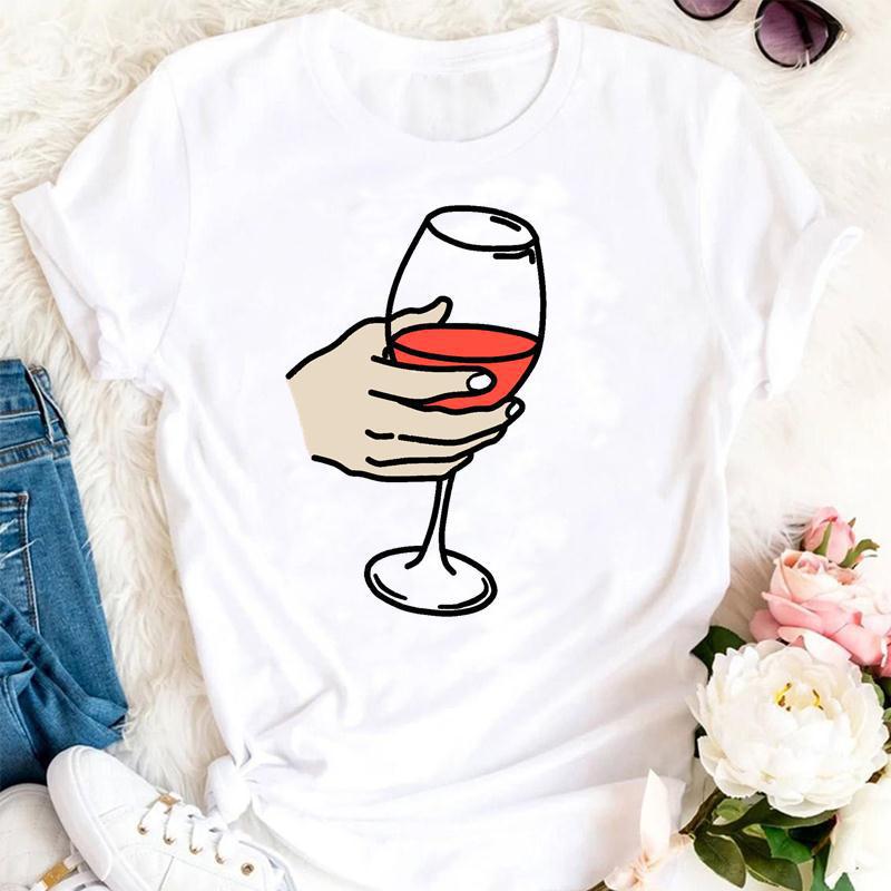 Womens Fashion Wine Glass Print Trendy Womens Base Layer Halfsleeved Womens Wear Shortsleeved Women Tshirt for Summer