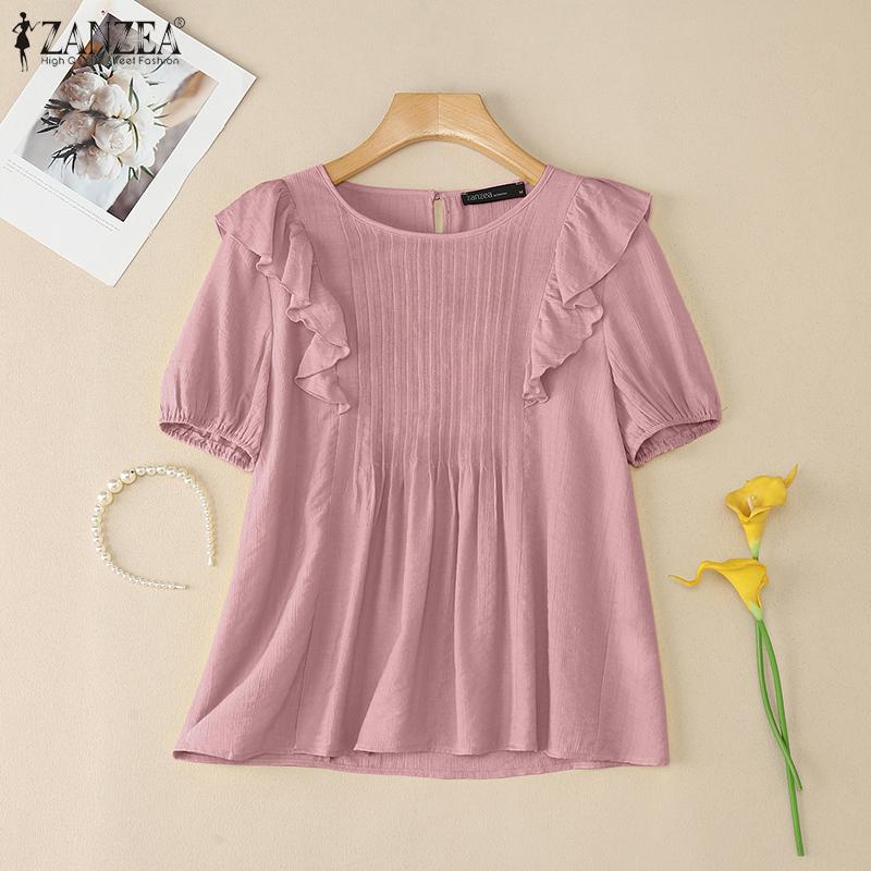 

VONDA Женская повседневная блузка с коротким рукавом, круглым вырезом, оборками и плиссировкой S