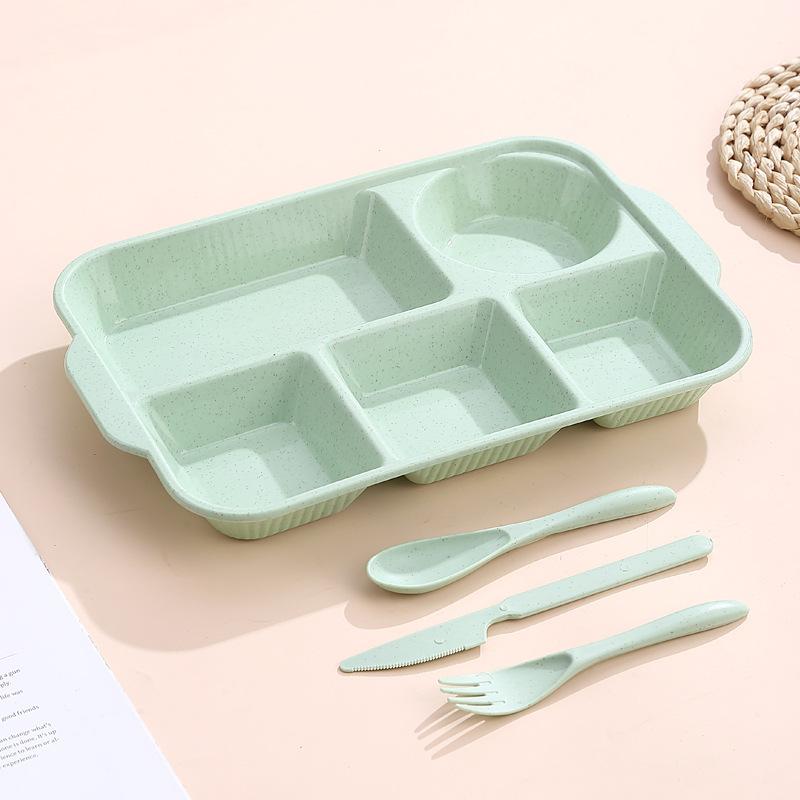 Portable 5 Grids Meal Box Food Grade PP Rectangular Divided Lunchbox Separating Plates with Knife Fork Spoon Dinnerware Set